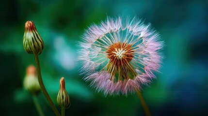 Dandelion transformation with vibrant details blurred green background