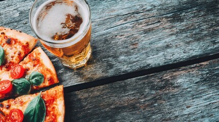 Pizza slice with basil glass of beer on rustic wooden table