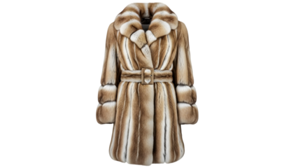 A luxurious fur coat with a belt isolated on transparent background for fashion and style concepts