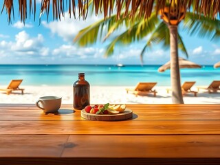 Spacious wooden bar top for breakfast product mockups on a blurred tropical beach at daytime,  generative ai,  nature