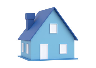 A modern blue house with white windows and a chimney on a black background