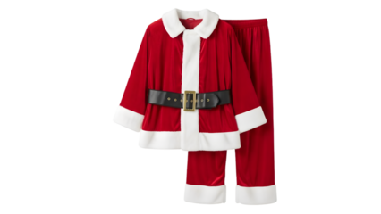 Red santa claus costume for kids with white trim and black belt isolated on transparent background