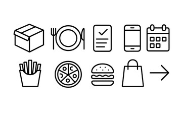 Food and shopping outline icon set: dining, mobile, retail icons in line style