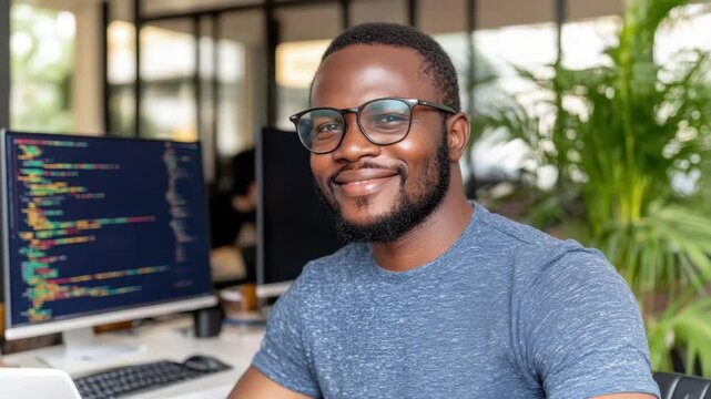Young programmer developer smiling desk with computer code monitor and plants, software coder