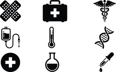 Professional set of nine solid black icons representing emergency medicine, clinical diagnostics, laboratory research, genetics, and general healthcare symbols for pharmacy and hospital use.