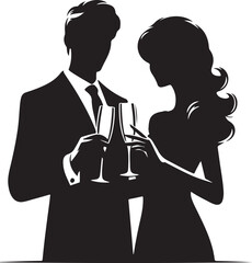 Elegant black silhouette of a couple celebrating, holding up and clinking champagne flutes.