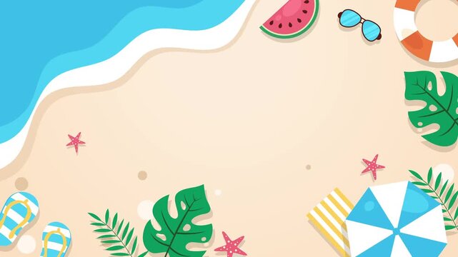 Minimal flat summer beach animation with ocean waves, sandy shore, and tropical elements, perfect for holiday promos, travel ads, social media content, and seasonal branding.