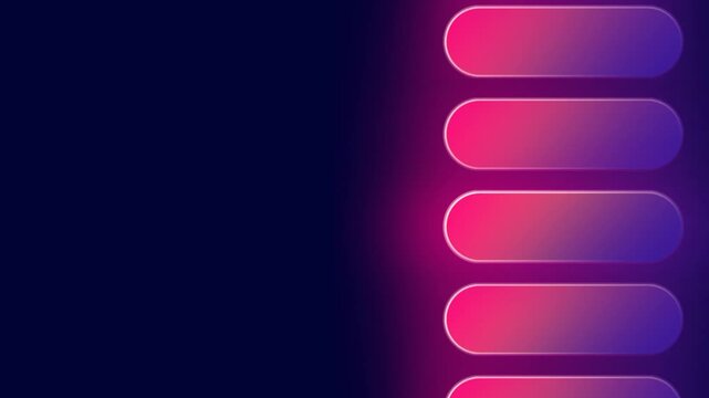 A vertical stack of glowing pink rounded rectangular buttons is aligned to the right on a dark background for a clean and modern menu navigation list