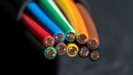 A collection of colorful electrical wires exposed, showcasing their varied insulation and copper cores in a close-up view