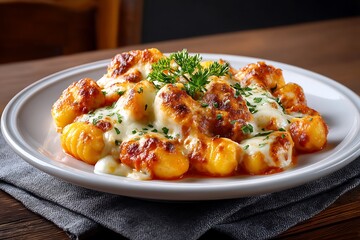 A delicious plate of Italian gnocchi alla sorrentina, perfectly baked potato dumplings in tomato sauce, topped with melted mozzarella cheese for a comforting dish.