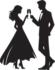 Silhouettes of a man and a woman in formal attire clinking champagne glasses, celebrating a special occasion together.