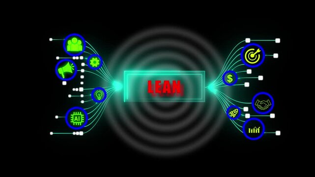 Futuristic digital LEAN management interface showing efficiency icons for waste reduction, continuous improvement strategy, and business growth on particles.
