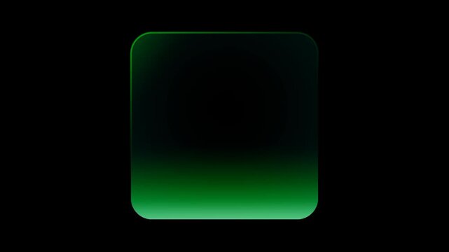A sleek square glass button with a vibrant green neon glow along the bottom edge is centered on a dark background creating a fresh digital aesthetic
