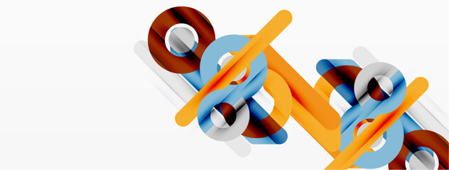 Abstract design features vibrant lines, curves, circles. Modern composition utilizes orange, blue, gray tones. Minimalist aesthetic.