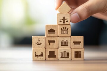 Wooden blocks, stacked in steps, each bearing an icon of a governmental or educational structure,  are being added to.  Hand is placing a block