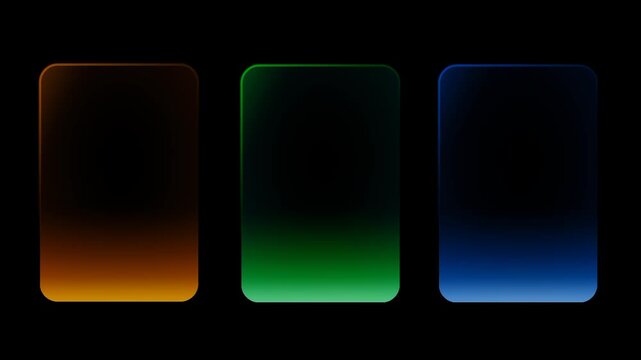 Three small vertical glass cards with orange green and blue glowing bases are arranged side by side on a dark background for a colorful menu style
