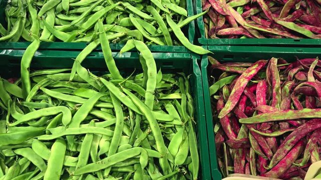 Red and green bean pods on display at a farm store, concept of harvest. High quality 4k footage
