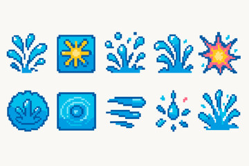 Water splash pixel icon set. Bright blue pixel splash illustrations collection