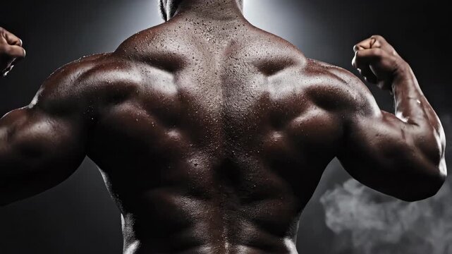 Athletic african american man showing back muscle in dynamic poses, bodybuilder flexing well developed back in gym workout concept