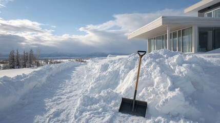 Snow-covered pathway leading to a modern house, with a shovel resting against a large snowbank, showcasing winter landscape and serene atmosphere in a tranquil setting
