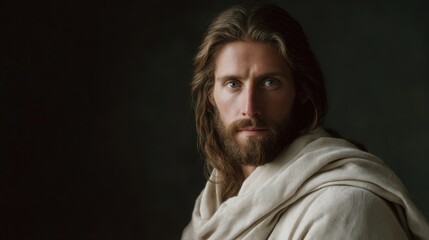 Man with long hair and beard, wearing a light-colored robe, gazes thoughtfully at the viewer, embodying a serene and contemplative atmosphere with soft lighting