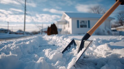 Snow-covered pathway being cleared with a shovel, showcasing winter labor, with a residential house and cloudy sky in the background, emphasizing seasonal maintenance and effort