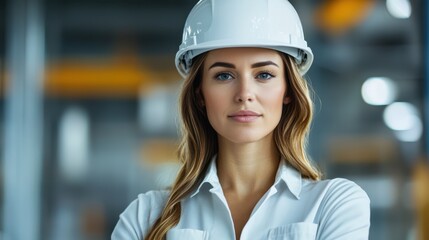 Confident woman wearing a white hard hat and a button-up shirt stands in an industrial setting, showcasing her role in construction and promoting female empowerment in the workforce