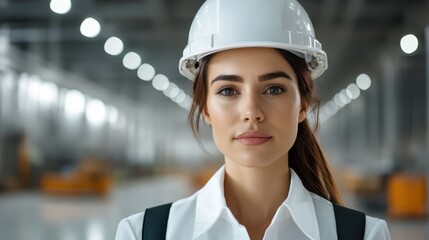 Young woman wearing a hard hat and white shirt stands confidently in an industrial setting, showcasing her role in construction and engineering, embodying professionalism and determination