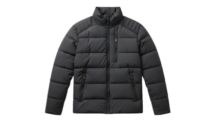 Black puffer jacket with zipper closure and quilted design isolated on transparent background