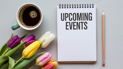 Upcoming Events list on a notepad with coffee and tulips, planning for the future
