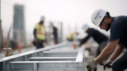 Construction workers in hard hats are assembling metal framework on a building site, showcasing teamwork and dedication to structural development and safety in construction