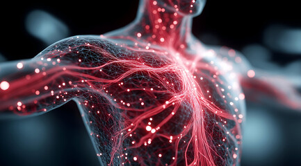 Detailed visualization of the human circulatory system, highlighting veins and arteries in an intricate display of energy flows.