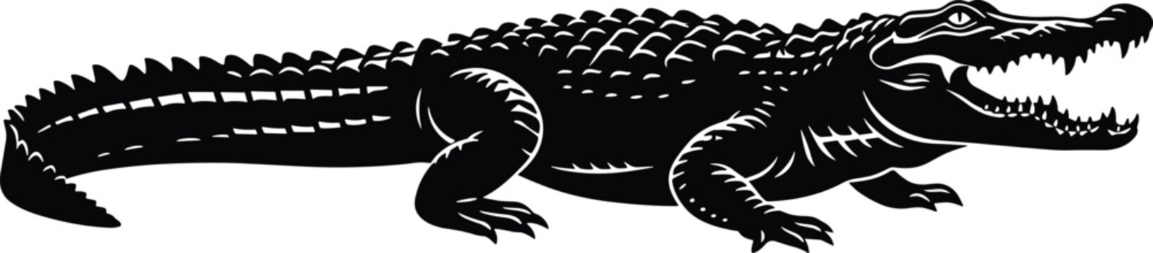 A detailed black and white silhouette illustration of an alligator with its mouth open isolated on a clean white background for design.