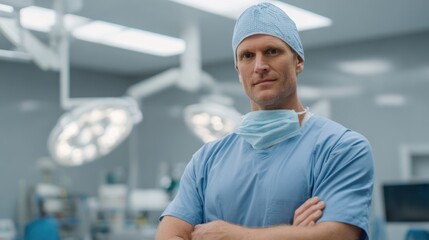 Male surgeon in blue scrubs and surgical cap stands confidently in a modern operating room, showcasing advanced medical equipment and bright surgical lights