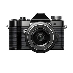 Black camera features metal texture in studio lighting. Great for product photography, technology blogs, or marketing.