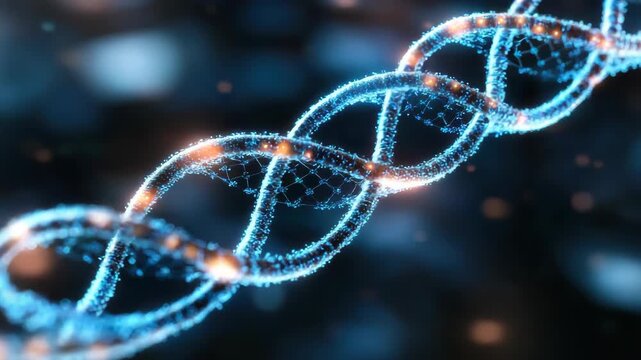 Glowing blue DNA helix with particle lights evoking futuristic biotech innovation, glowing DNA