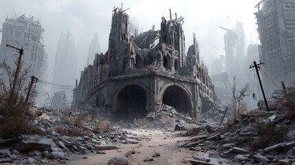 A destroyed building amidst a post-apocalyptic setting, capturing the devastation of a fallen civilization.