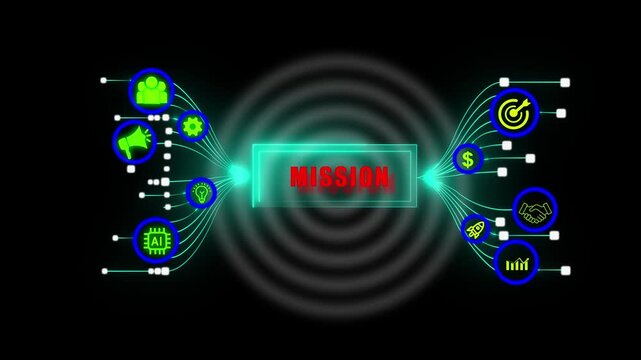 Abstract digital mission interface showing vision and strategy icons for corporate goals, organizational success, and growth on particles background.
