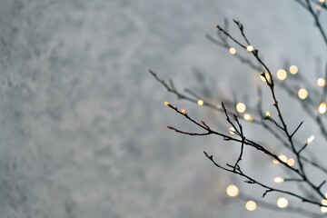 Obraz premium Bare Tree Branches with Warm White Christmas Lights on Gray Background