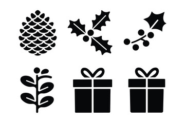Black silhouette icons of winter and holiday symbols: pine cone, holly, gifts, and branch