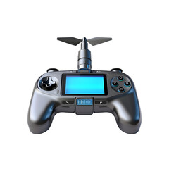 Metal, futuristic controller with screen reflects light; drone technology concept for website assets.