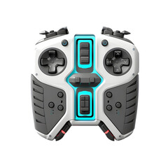 White and gray drone remote control with blue accents glows on black, used for product shots, website banners, and gaming product display.