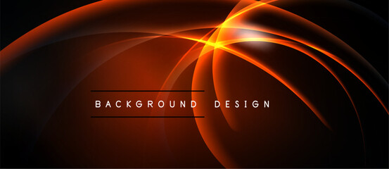 Abstract design features vibrant orange curves, glowing lines against dark backdrop. Modern aesthetic, dynamic composition. Background elements suggest energy, movement.