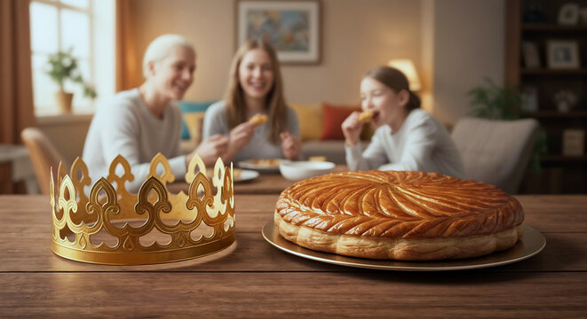 Galette des rois et sa couronne sur table en bois - &eacute;piphanie, arri&egrave;re plan sur la famille mangeant le g&acirc;teau