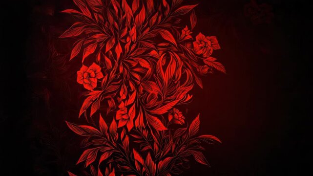 Red floral vine leaf flower pattern on dark red background with ornate leaves rose accents