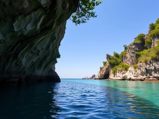 Lush green cliffs frame a secluded cove with calm, crystal-clear water,  cliffs,  clear