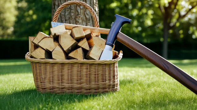 A basket filled with wood sits on grass under trees with an axe resting nearby during sunny afternoon hours