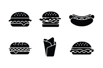 Six black icons of popular fast food: burgers, hot dogs, and a wrapped sandwich on white