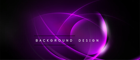 Dark purple abstract background. Glowing lines create circular shapes, modern design element. Text reads background design.