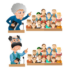 Priest and Priest giving speech from tribune. Preacher person. Pastor female and Male servant of god. Vector illustration in flat style 